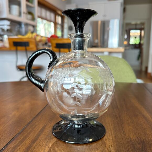 Lyngby Glass Decanter Art Deco Danish Etched Grapes Black Foot and Stopper c 40s - Picture 3 of 13